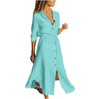 Женска лаптопска кошула облечена обична мода лабава долга фустан со цврста боја летна забава за фустан од плажа Макси фустан