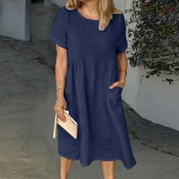 Фустани за жени со краток ракав цврст мини со џеб А-линија тркалезно деколте сино с