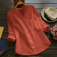 ксиух памук лен солидна боја блузи v-вратот жени обични маици долги ракави копче кошула повик лабава летна блуза