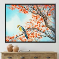 Прекрасна портокалова птица што седи на цветни гранки врамени сликарски платно уметнички принт
