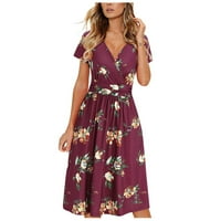 Женски фустани случајни миди случајни V-вратот со краток ракав летен цветен печатен фустан со колено должина за плажа пролетни
