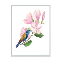 Сина птица што седи на розова магнолија врамена сликарска платно уметност принт