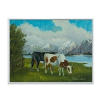 Дизајн 'крави што јадат трева пред езерото' фарма куќа врамена платно wallидна уметност печатење