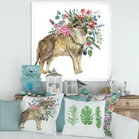 DesignArt 'Волк со шумски цвеќиња на бела фарма куќа врамена уметничка печатење