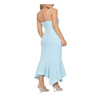 Женски светло сино патент со затрупана асиметрична асиметрична шпагети лента V вратот макси партиски фустан 10 фустан 10