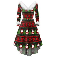 Плус Големина Фустан Жени Со Долги Ракави Божиќ Печатени Крзнени V-Вратот Повлече Назад Црна