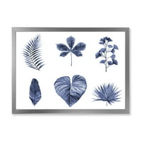 DesignArt 'Апстрактниот сет на растителни лисја сини' Традиционално врамен уметнички принт
