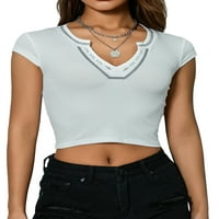 Biaxms жени лето кратка маица, крпеница со кратки ракави прилагодени со ребрести култури со вратот, дами затегната папочна кошула