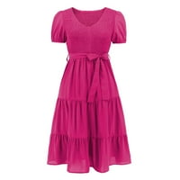 Летни фустани за жени солидно тркалезно деколте А-линија колено должина на мода со краток ракав фустан Топло розова С.