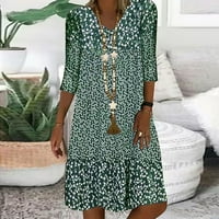 Трендови за дозвола за женски фустан жени лето лето-обичен ракав за печатење на вратот, преклопена мини фустан Зелен xxxxxl