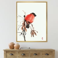 DesignArt 'Red Bullfinch Bird, која седи на гранка' Традиционално врамено платно wallидно печатење
