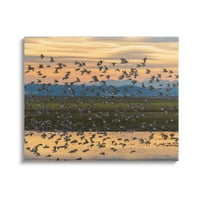 Студената индустрија стадо од птици што летаат езерото рефлексија портокалово зајдисонце галерија завиткана платно печатена