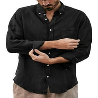 Машка ленена кошула предна копче со цврста боја долга ракав кошула лабава обична блуза со џеб на градите