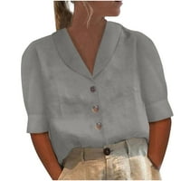 FOPP Продавач на женски модна обична цврста боја v вратот копче лабава кошула со кратки ракави врвот сива xl