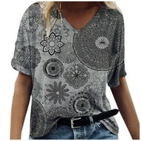 Блузи За Жени Мода Обичните V - Вратот Лабава Удобно Краток Ракав Печатење Блуза XL