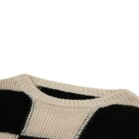 Мрзливи Женски Џемпери Лежерни Долги Ракави Блок Во Боја На Екипажот Кариран Пуловер Плетени Врвови За Џемпери