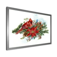 DesignArt 'Божиќна црвена кардинална птица и poinsettia' Традиционална врамена уметничка печатење