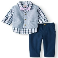 Вест на бебето момчиња, валана ракав ткаена кошула со лак-вратоврска и панталони, сет на облеки од 3 парчиња