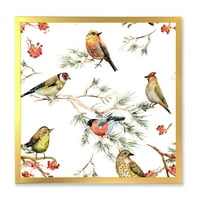 DesignArt 'Шумски птици кои седат на традиционалното врамено уметничко печатење на гранките